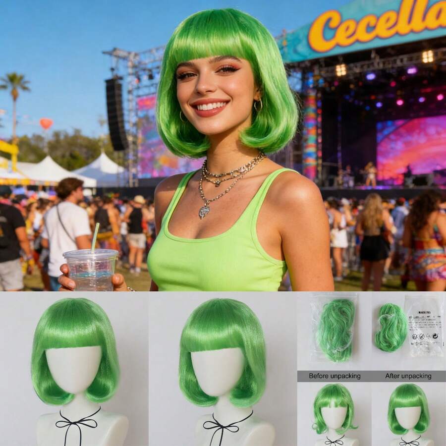 Dopamine Color Bob Wig With Bangs, Bright Neon Colors, Perfect For Cosplay, Festivals, Y2K, K-POP, Daily Wear, Halloween, Stage, Parties. Comfortable, Breathable Cap For All-Day Wear, Photoshoots, Fan Support, Fashion Styling.
