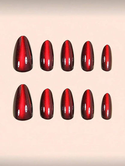 10pcs Medium Almond Shape Press-On Fake Nails, Punk Gothic Dark Style - Black And Red Crystal Cat Eye Press-On Nails, Vintage Cherry Red And Deep Burgundy Glitter Cat Eye, Includes 1 Adhesive Patch And 1 Mini Gel Strip., Aesthetic