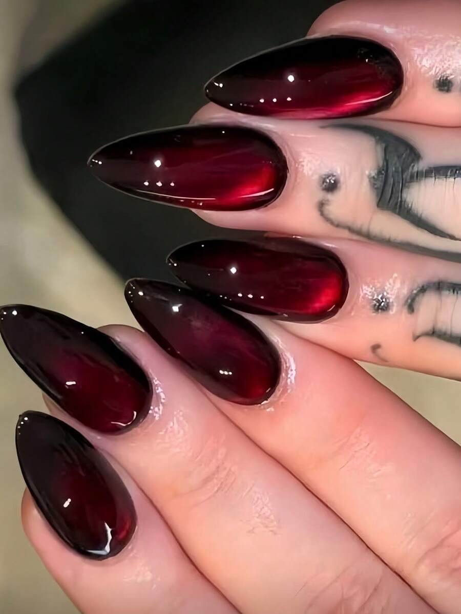 10pcs Medium Almond Shape Press-On Fake Nails, Punk Gothic Dark Style - Black And Red Crystal Cat Eye Press-On Nails, Vintage Cherry Red And Deep Burgundy Glitter Cat Eye, Includes 1 Adhesive Patch And 1 Mini Gel Strip., Aesthetic