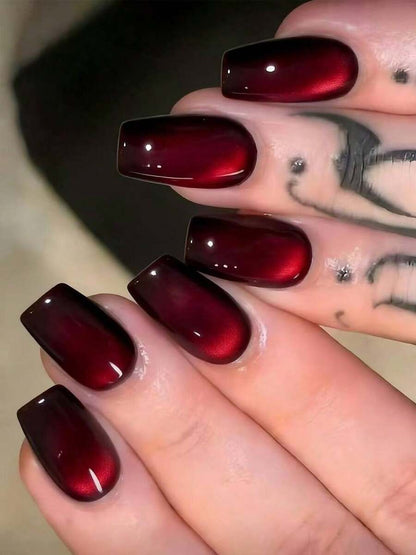 10pcs Medium Almond Shape Press-On Fake Nails, Punk Gothic Dark Style - Black And Red Crystal Cat Eye Press-On Nails, Vintage Cherry Red And Deep Burgundy Glitter Cat Eye, Includes 1 Adhesive Patch And 1 Mini Gel Strip., Aesthetic