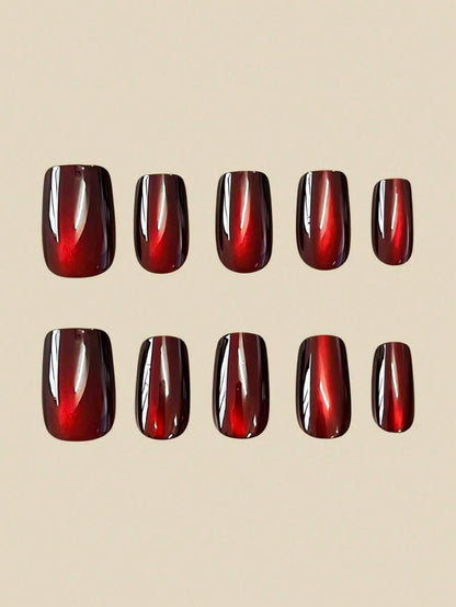 10pcs Medium Almond Shape Press-On Fake Nails, Punk Gothic Dark Style - Black And Red Crystal Cat Eye Press-On Nails, Vintage Cherry Red And Deep Burgundy Glitter Cat Eye, Includes 1 Adhesive Patch And 1 Mini Gel Strip., Aesthetic