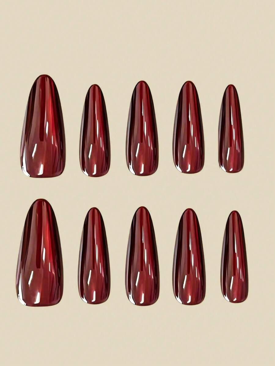 10pcs Medium Almond Shape Press-On Fake Nails, Punk Gothic Dark Style - Black And Red Crystal Cat Eye Press-On Nails, Vintage Cherry Red And Deep Burgundy Glitter Cat Eye, Includes 1 Adhesive Patch And 1 Mini Gel Strip., Aesthetic