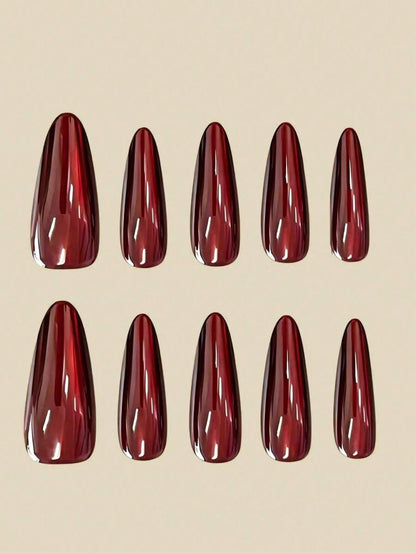 10pcs Medium Almond Shape Press-On Fake Nails, Punk Gothic Dark Style - Black And Red Crystal Cat Eye Press-On Nails, Vintage Cherry Red And Deep Burgundy Glitter Cat Eye, Includes 1 Adhesive Patch And 1 Mini Gel Strip., Aesthetic