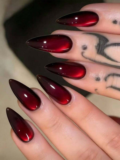 10pcs Medium Almond Shape Press-On Fake Nails, Punk Gothic Dark Style - Black And Red Crystal Cat Eye Press-On Nails, Vintage Cherry Red And Deep Burgundy Glitter Cat Eye, Includes 1 Adhesive Patch And 1 Mini Gel Strip., Aesthetic