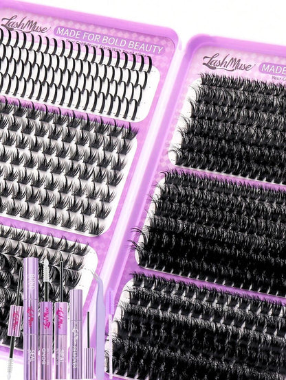 1168/584pcs Wispy Spiky Lash Clusters, Fairy Wild D-Curl Voluminous Segmented Eyelashes, Multi Length Self-Grafting DIY Lash Extensions With Lash Glue, Tweezers Remover, Soft Layered Eye Lashes, For Daily Makeup, Wedding, Party, Travel, Halloween