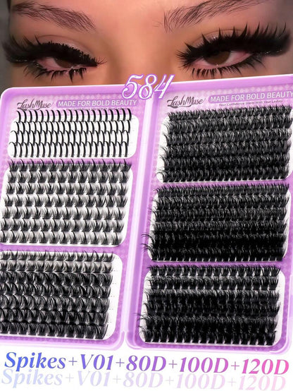 1168/584pcs Wispy Spiky Lash Clusters, Fairy Wild D-Curl Voluminous Segmented Eyelashes, Multi Length Self-Grafting DIY Lash Extensions With Lash Glue, Tweezers Remover, Soft Layered Eye Lashes, For Daily Makeup, Wedding, Party, Travel, Halloween