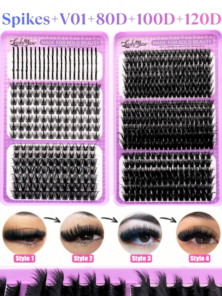 1168/584pcs Wispy Spiky Lash Clusters, Fairy Wild D-Curl Voluminous Segmented Eyelashes, Multi Length Self-Grafting DIY Lash Extensions With Lash Glue, Tweezers Remover, Soft Layered Eye Lashes, For Daily Makeup, Wedding, Party, Travel, Halloween