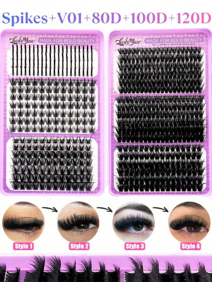 1168/584pcs Wispy Spiky Lash Clusters, Fairy Wild D-Curl Voluminous Segmented Eyelashes, Multi Length Self-Grafting DIY Lash Extensions With Lash Glue, Tweezers Remover, Soft Layered Eye Lashes, For Daily Makeup, Wedding, Party, Travel, Halloween