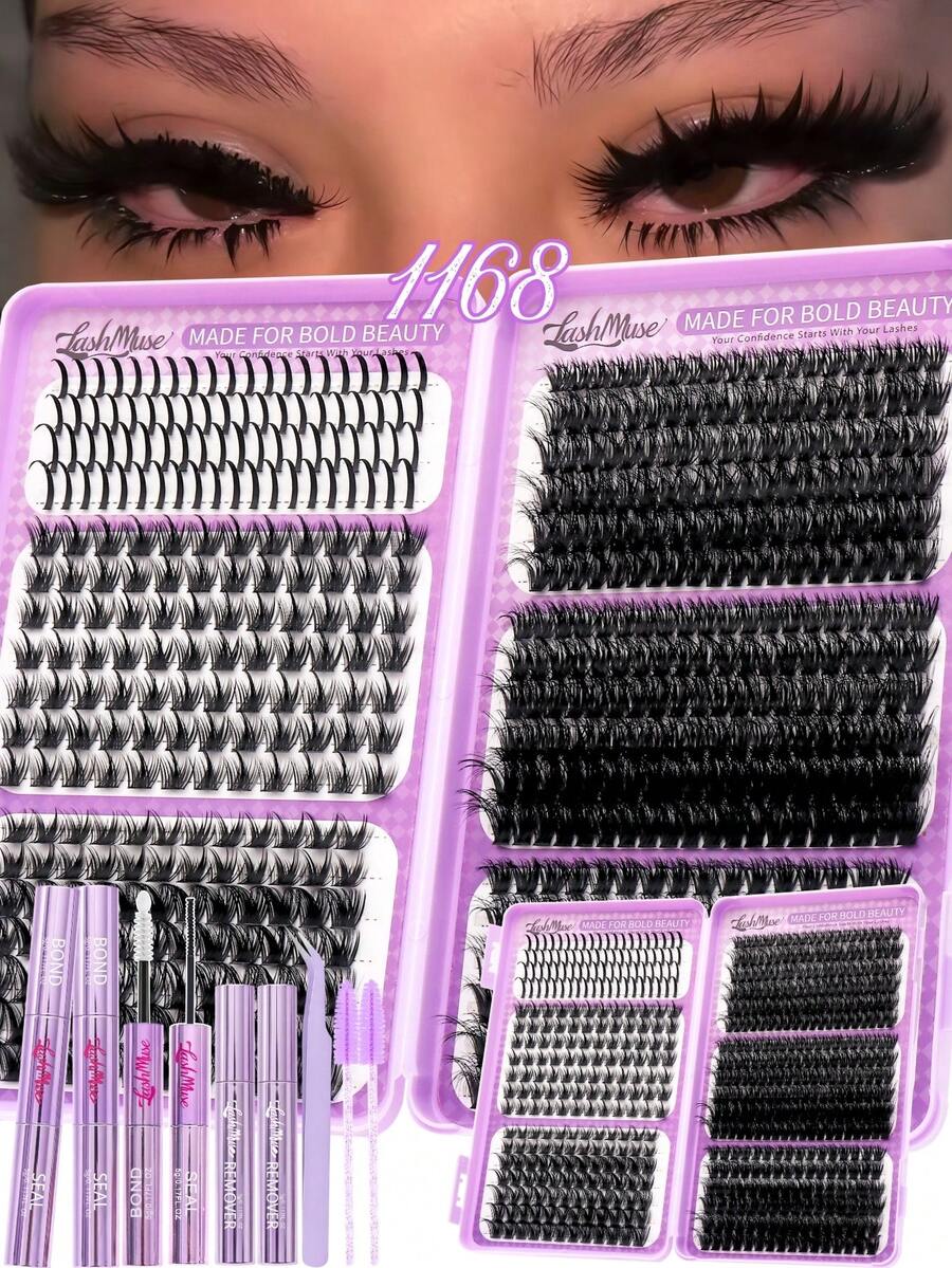 1168/584pcs Wispy Spiky Lash Clusters, Fairy Wild D-Curl Voluminous Segmented Eyelashes, Multi Length Self-Grafting DIY Lash Extensions With Lash Glue, Tweezers Remover, Soft Layered Eye Lashes, For Daily Makeup, Wedding, Party, Travel, Halloween