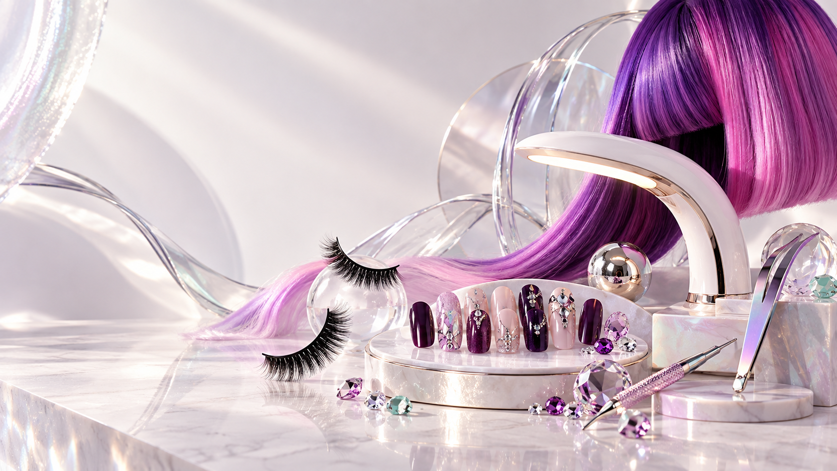 Editorial beauty accessories in a purple, mint and pearl studio scene